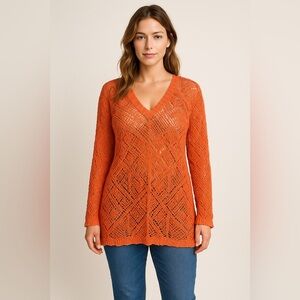 Vtg Joesph A Y2k Retro Crochet Orange Blouse Tunic Boho Hippie XL Sheer Peasent